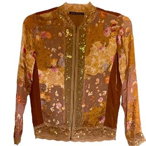 Vintage Mechant Silk/Rayon Zip Front Jacket , lace sequins, floral all in one,S